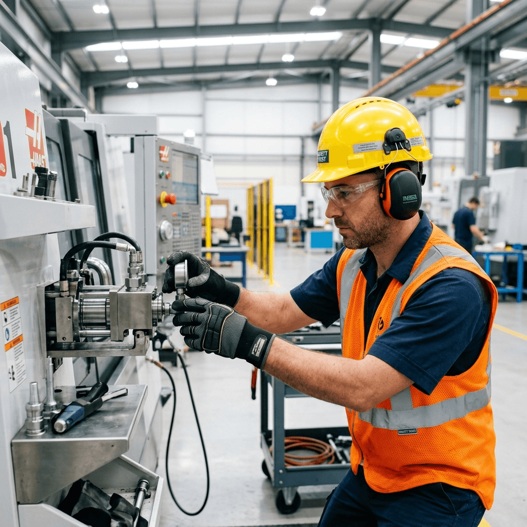 Funcionário equipado com EPIs de alta qualidade em um ambiente industrial seguro da EPI Marketplace