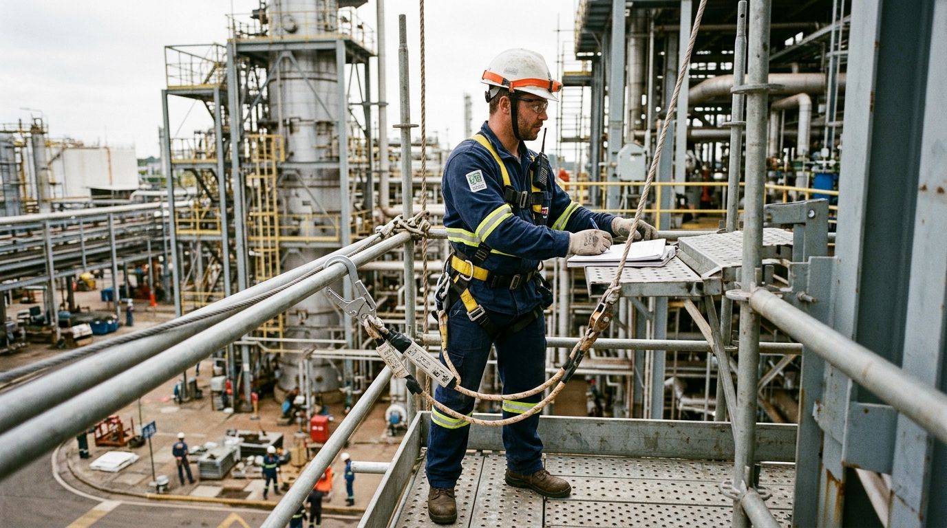Técnico de segurança industrial equipado com cinto paraquedista, capacete com jugular e talabarte duplo em estrutura elevada conforme a NR-35.