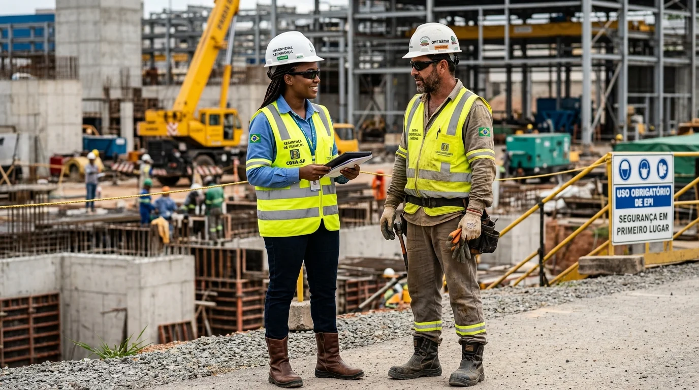Engenheiro e trabalhadora da construção com colete refletivo EPI, óculos escuros, bota de segurança e capacete em canteiro industrial.